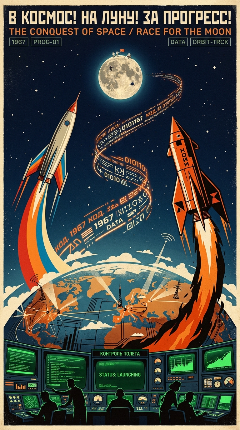 Vintage space-race propaganda poster style