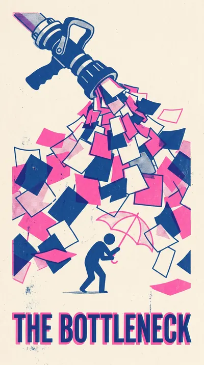Risograph print depicting a towering, stylized industrial fi…