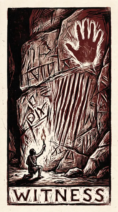 Linocut block print depicting a Paleolithic cave wall, the c…