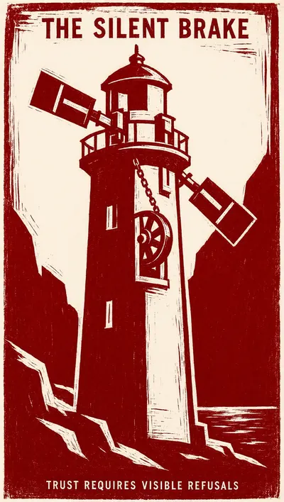 Linocut block print of a cliffside semaphore tower at night,…