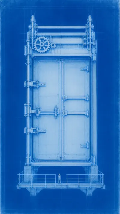 Cyanotype architectural blueprint of a colossal industrial s…