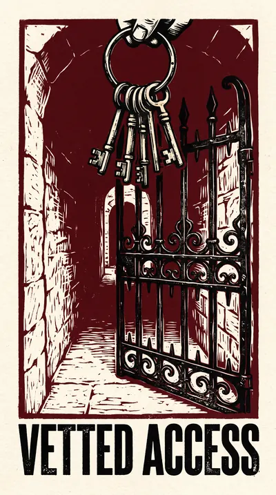Linocut block print depicting a heavy iron gate partially cl…