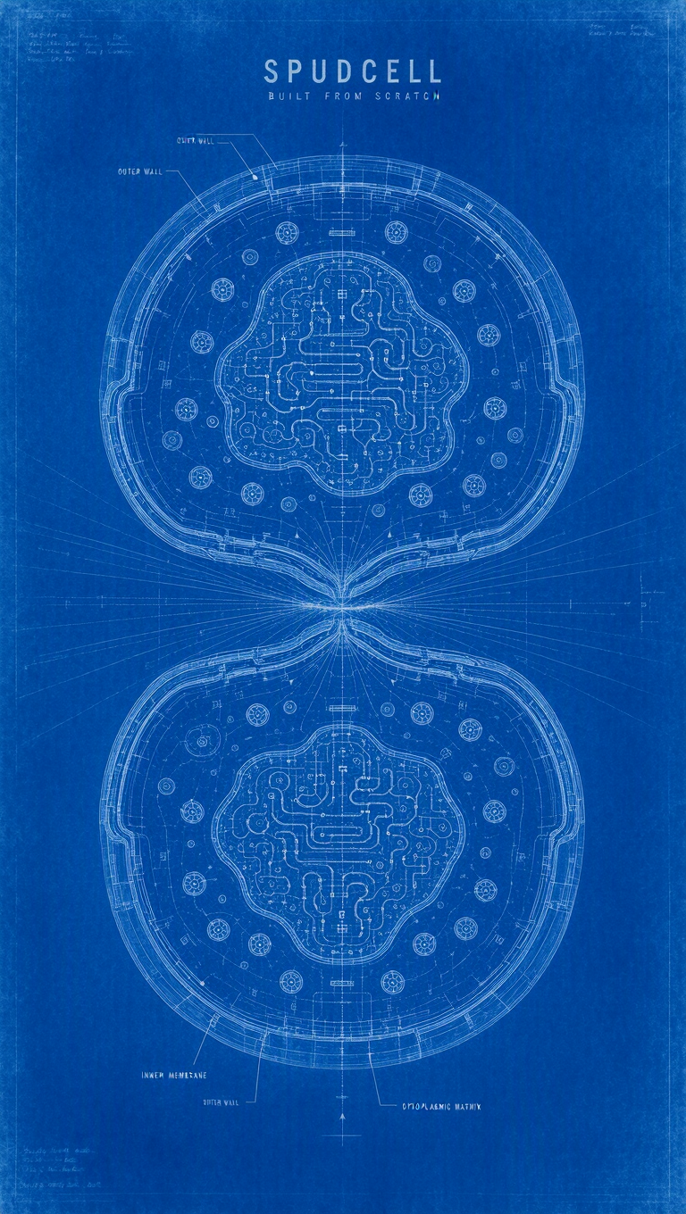 Cyanotype architectural blueprint of a synthetic cell caught…
