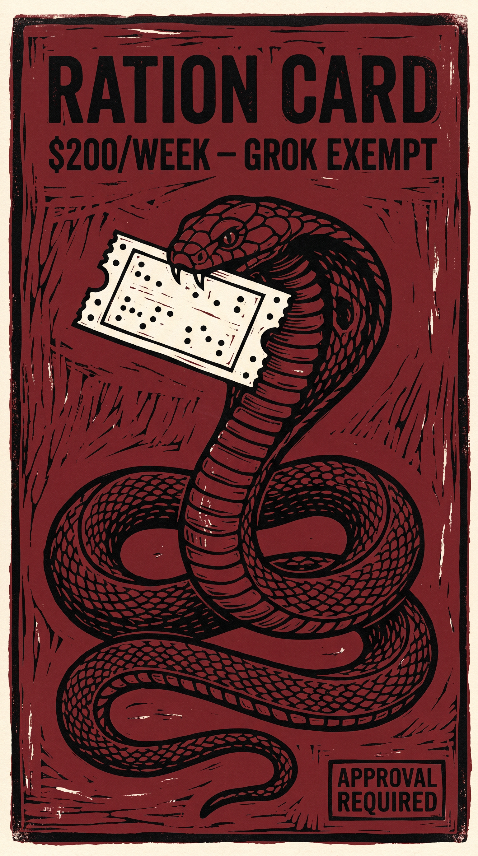 Linocut block print of a single coiled cobra rising vertical…