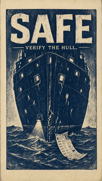 Linocut block print of a towering ship’s hull presented like…