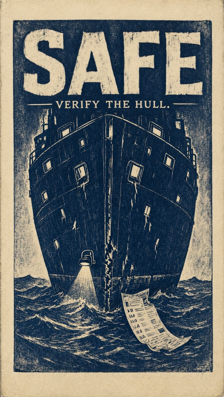 Linocut block print of a towering ship’s hull presented like…