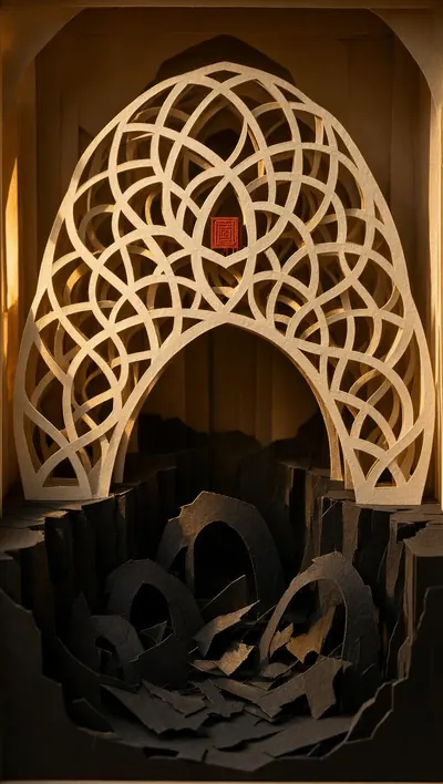 Cut-paper shadow-box theatre — a monumental ivory graph of i…