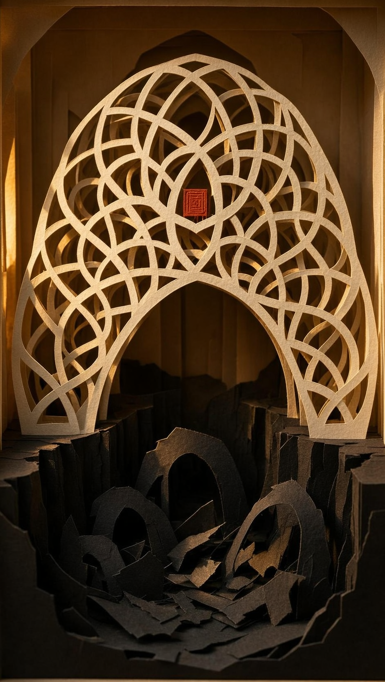 Cut-paper shadow-box theatre — a monumental ivory graph of i…
