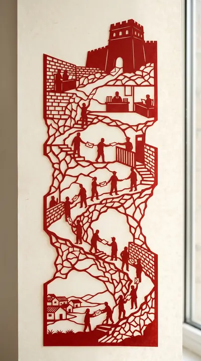 Chinese paper-cut silhouette of a tall locked border gate, i…
