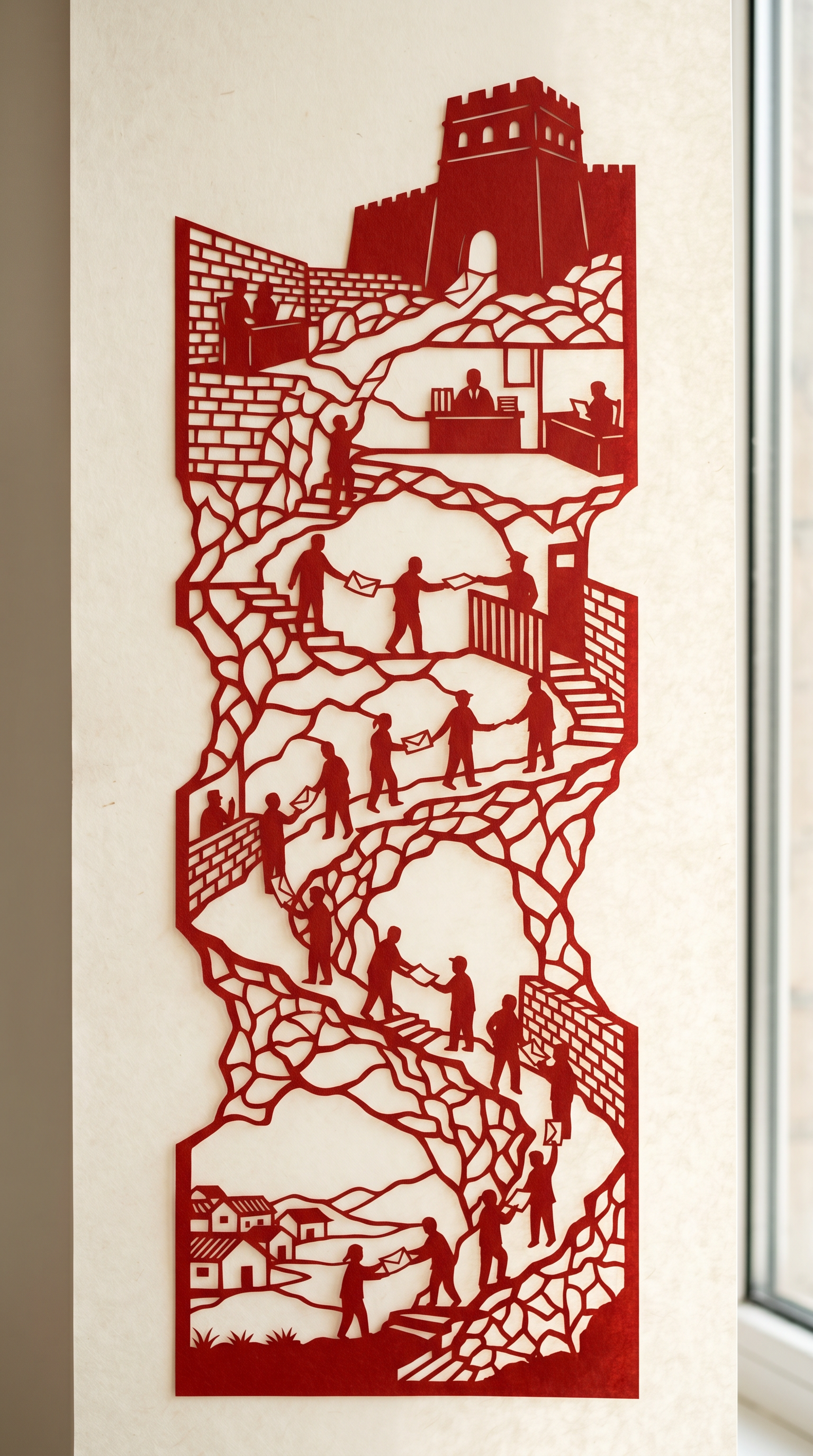 Chinese paper-cut silhouette of a tall locked border gate, i…