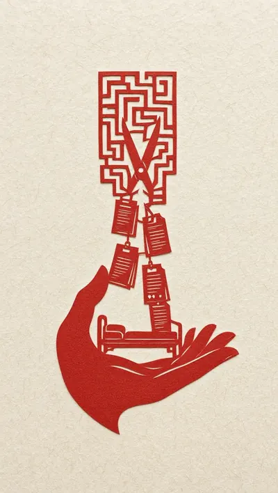 Chinese paper-cut silhouette depicting a single cinnabar-red…