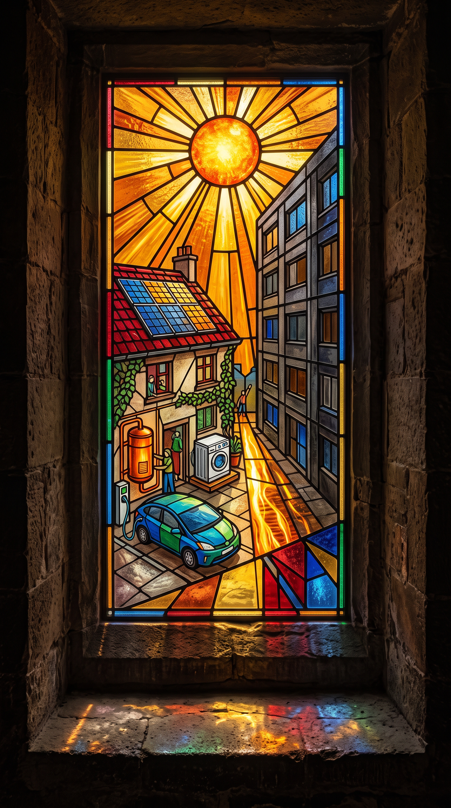 Stained-glass narrative window depicting a blazing midday su…