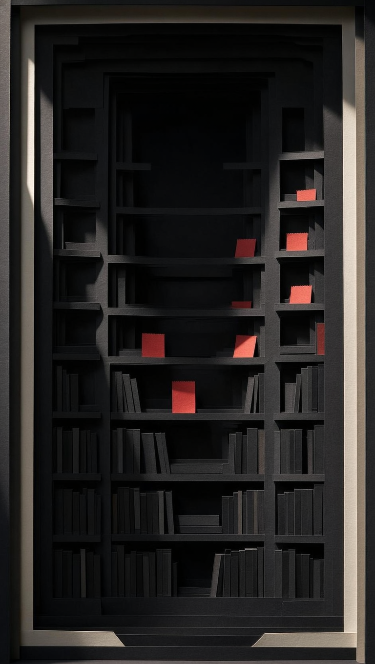 Cut-paper shadow-box theatre depicting a tall domestic film…