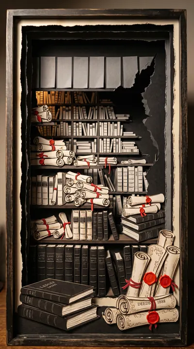 Cut-paper shadow-box theatre depicting a towering archive of…