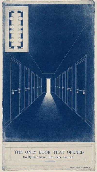 Cyanotype architectural blueprint of a long windowless corri…