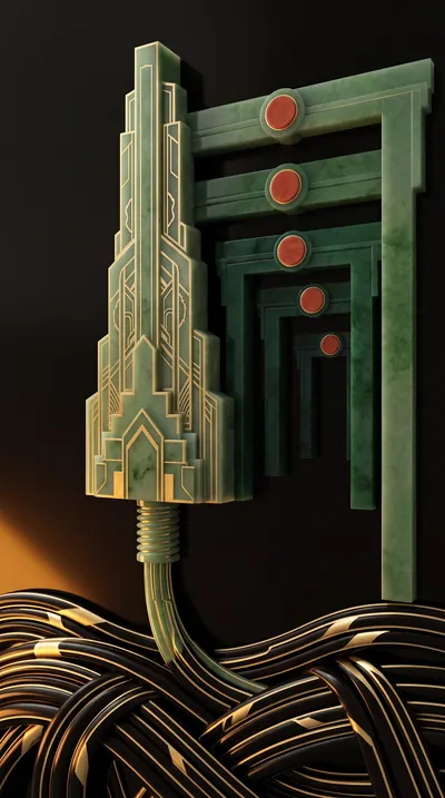 Art Deco lacquer-panel relief of a fiber-optic transceiver r…