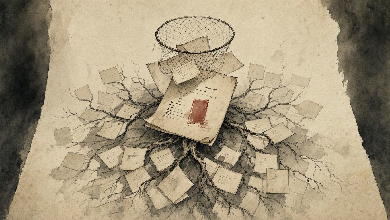 This is a conceptual, tone-setting lead image for an editorial piece about detection failing to stop bad science from spreading — not a data visualization. The brief explicitly…