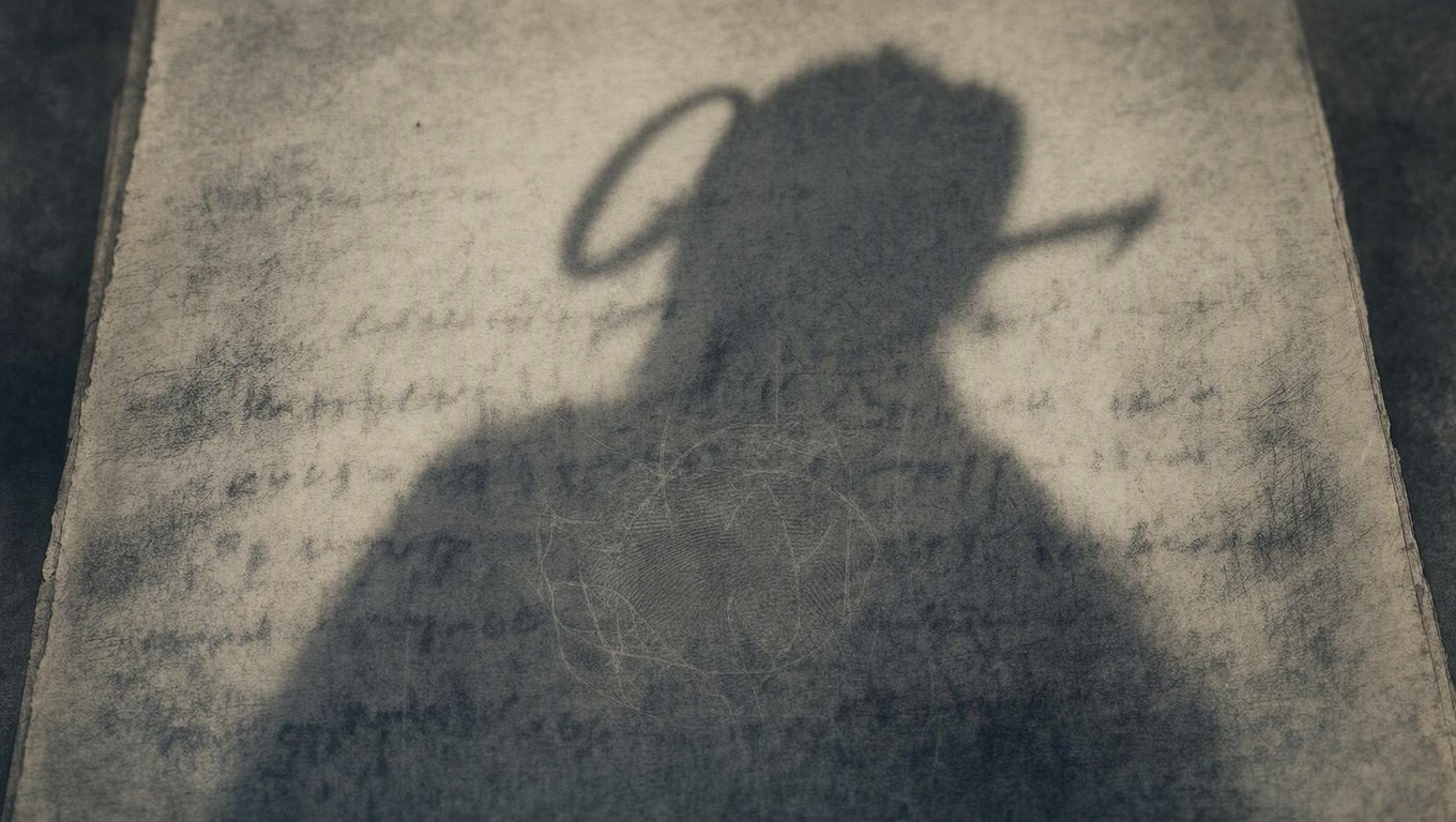 Keep the same metaphor and composition (page of text, faint watermark thread/fingerprint beneath, oversized looming stamp-shadow above) but tighten the prompt to explicitly forbid…