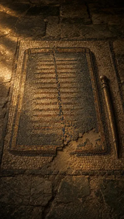 Ancient mosaic floor panel of a monumental blank wax writing…
