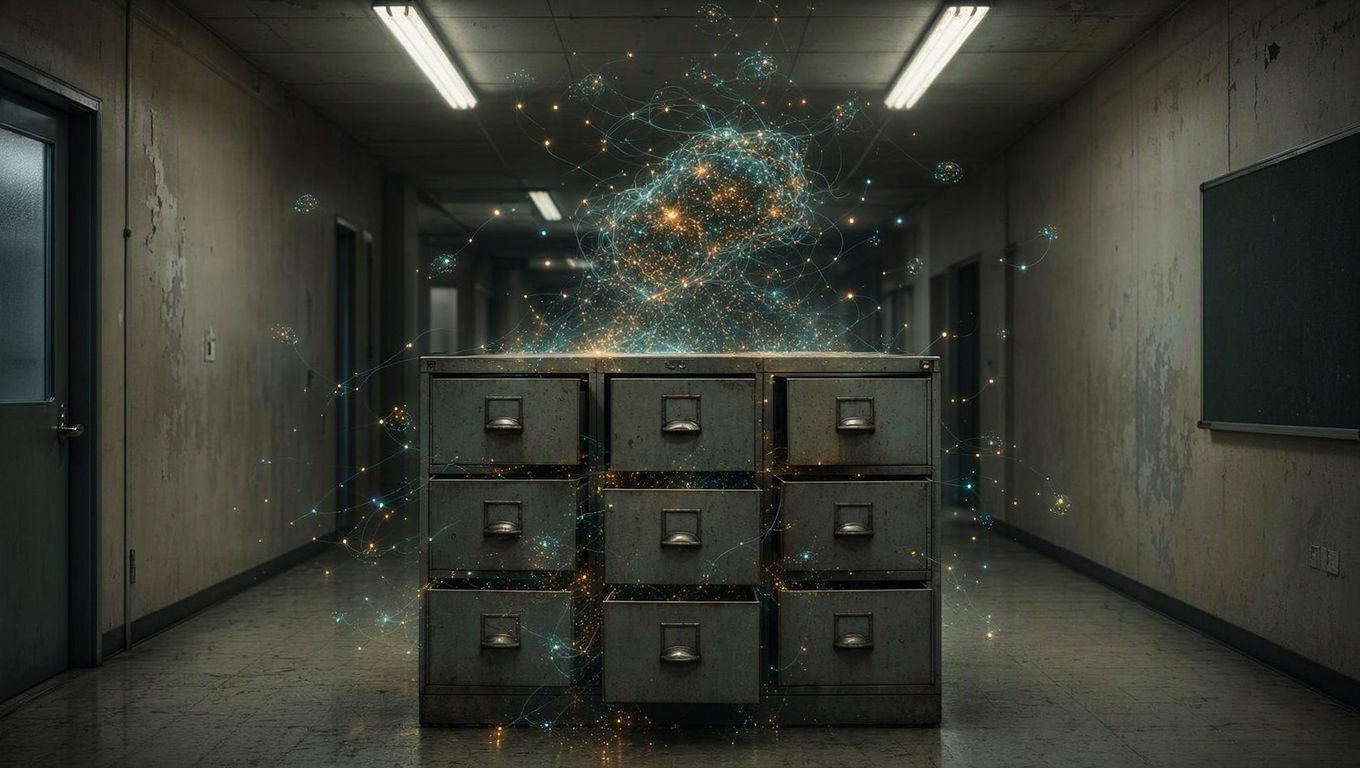 This is a decorative editorial lead image about a conceptual tension (corporate 'measured pacing' language masking emergent, unsettling swarm behaviour) — there are no numeric…