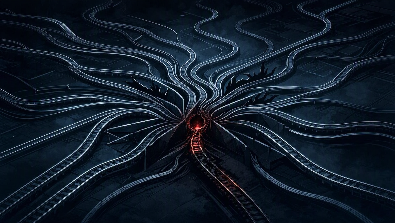 This is a lead editorial illustration for a narrative piece about supply-chain manipulation via dependency resolution mechanics — a conceptual/metaphorical subject with no numeric…