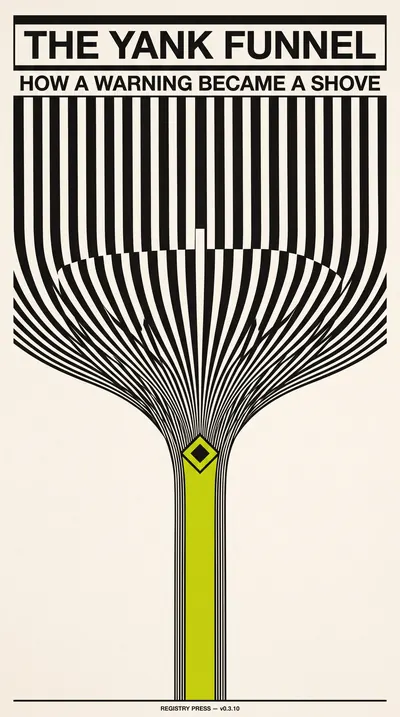 1960s Op-art screen print of a supply-chain funnel: a tall f…