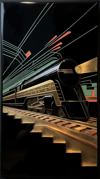 Art Deco lacquer-panel relief depicting a sleek freight loco…