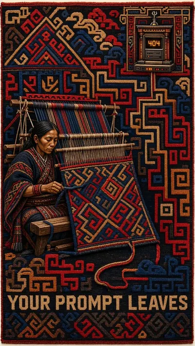 Andean woven tapestry depicting a local weaver at a loom thr…
