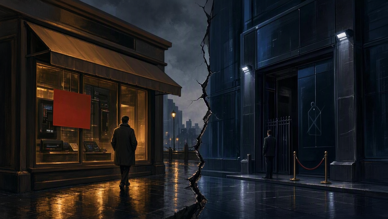 Same conceptual split-storefront metaphor via generate_illustration, but tighten the prompt to explicitly forbid any signage, lettering, or numerals on shopfronts, tags, or…