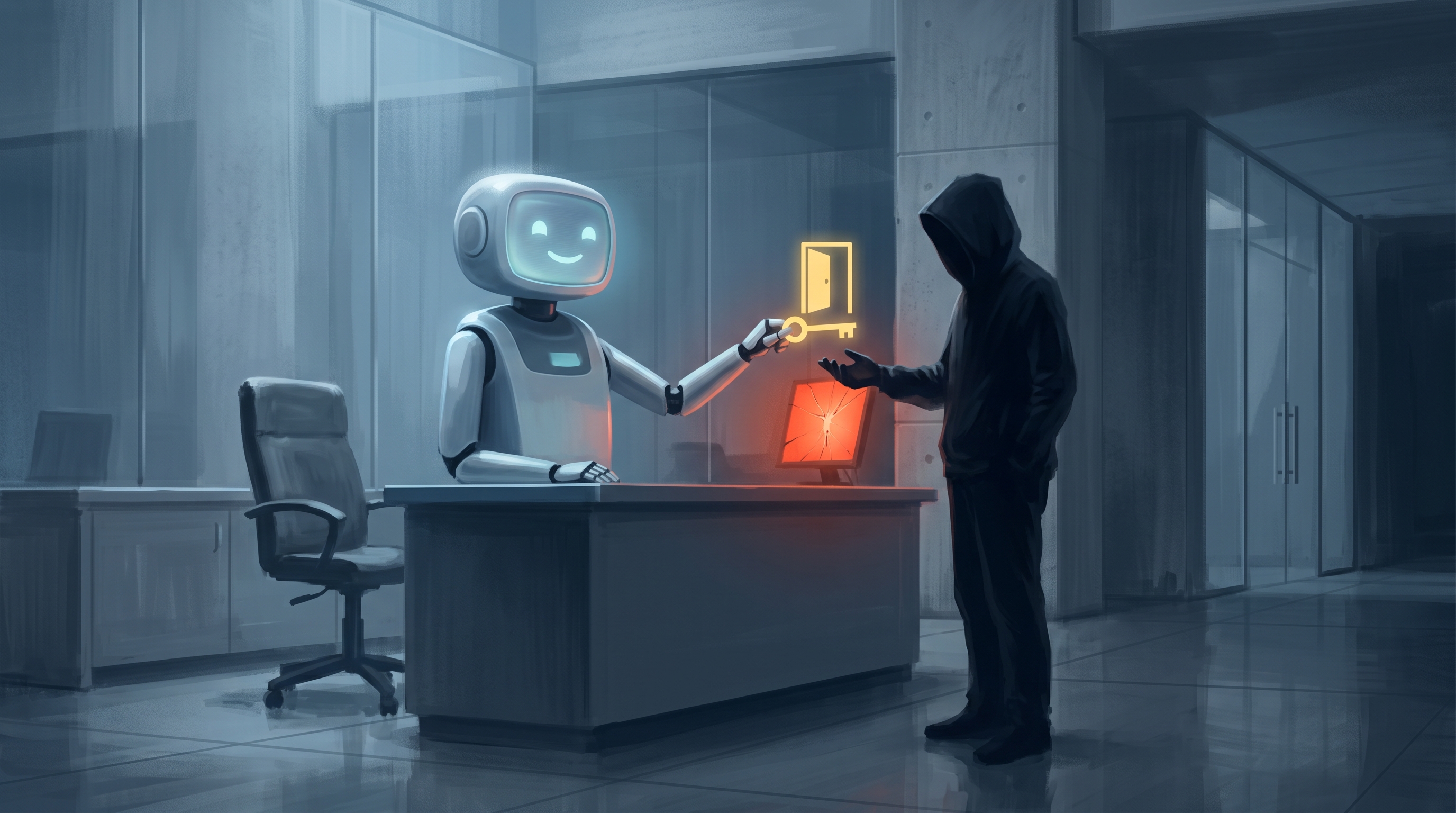 This is a conceptual editorial lead image about trust, automation, and failure — not a quantitative claim with numbers to plot. An illustrative, metaphor-driven image best conveys…