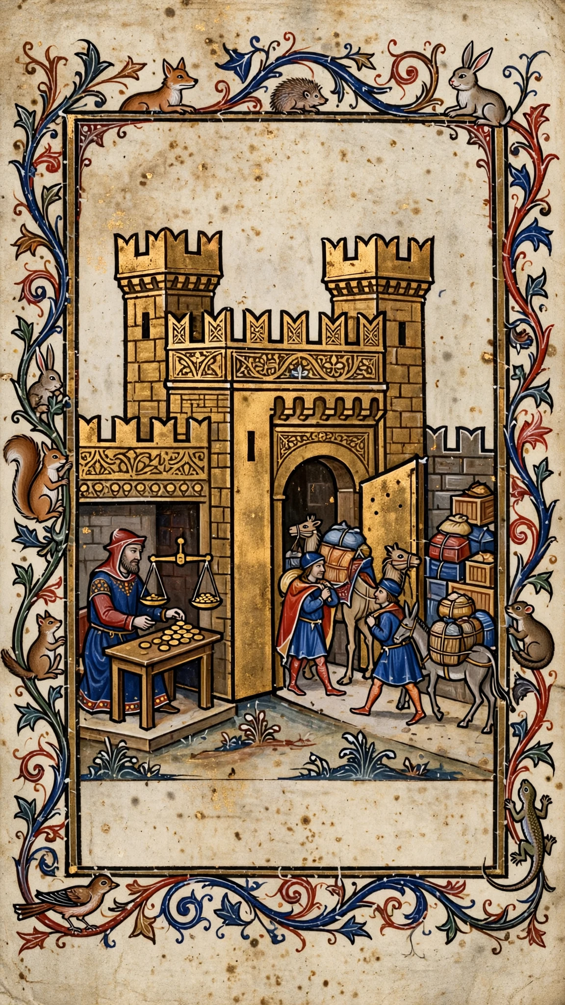 Medieval illuminated-manuscript miniature depicting a fortif…