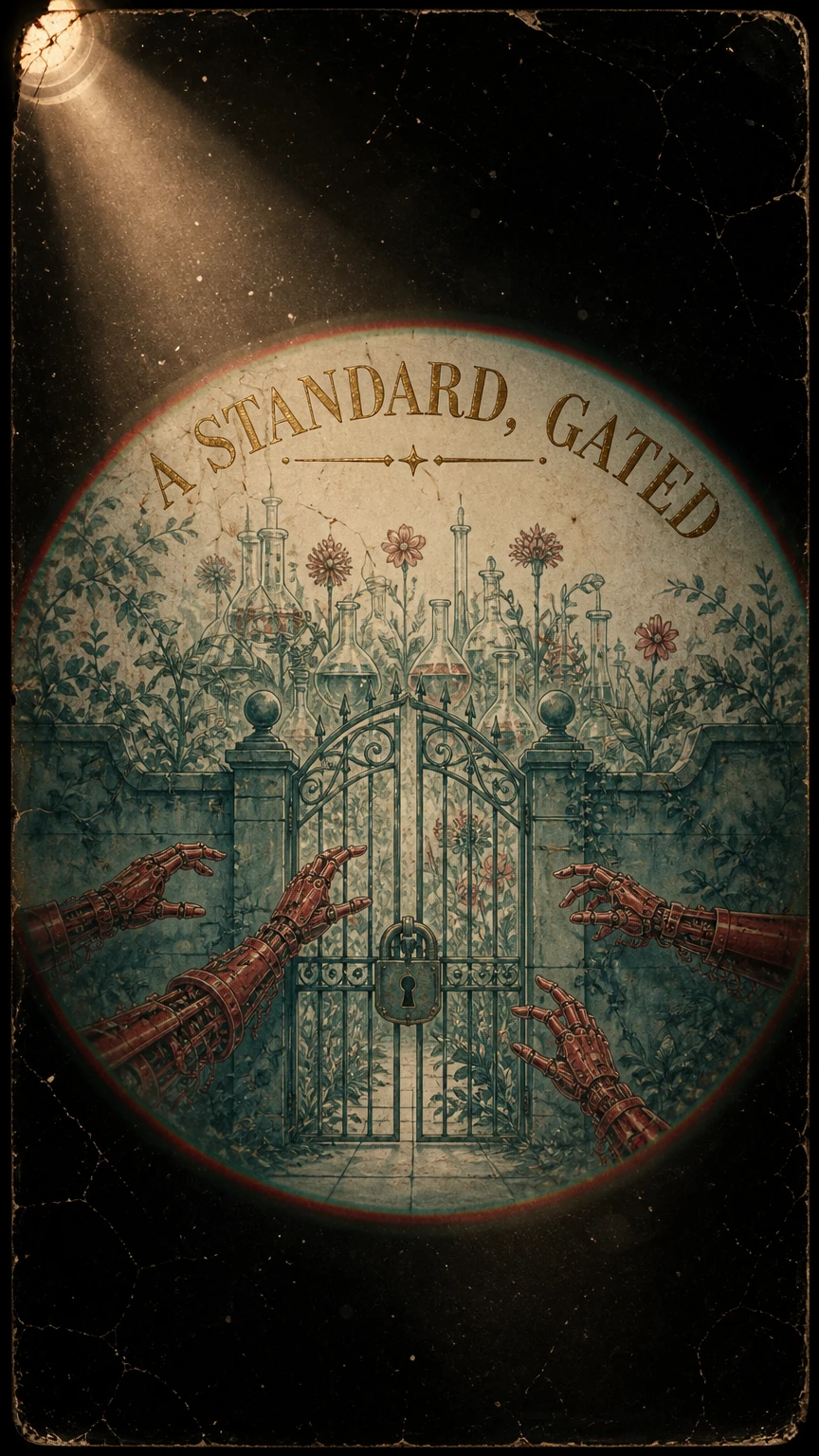 Magic-lantern glass slide: a walled garden drawn in faded te…