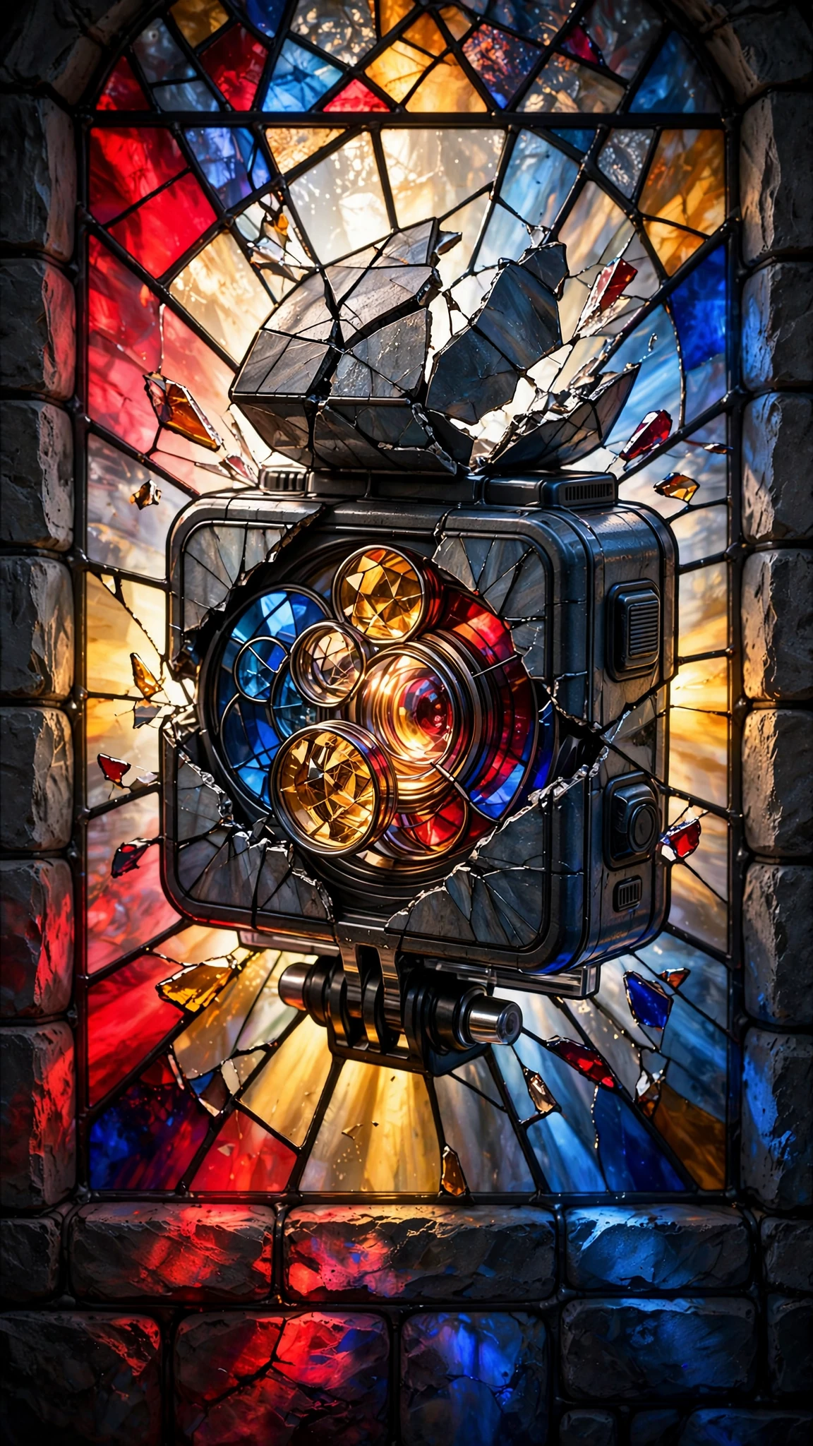 Stained-glass narrative window depicting a rugged miniature…