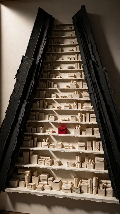 Cut-paper shadow-box theatre depicting a long ivory paper li…
