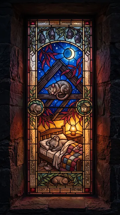 Stained-glass narrative window depicting a possum curled und…
