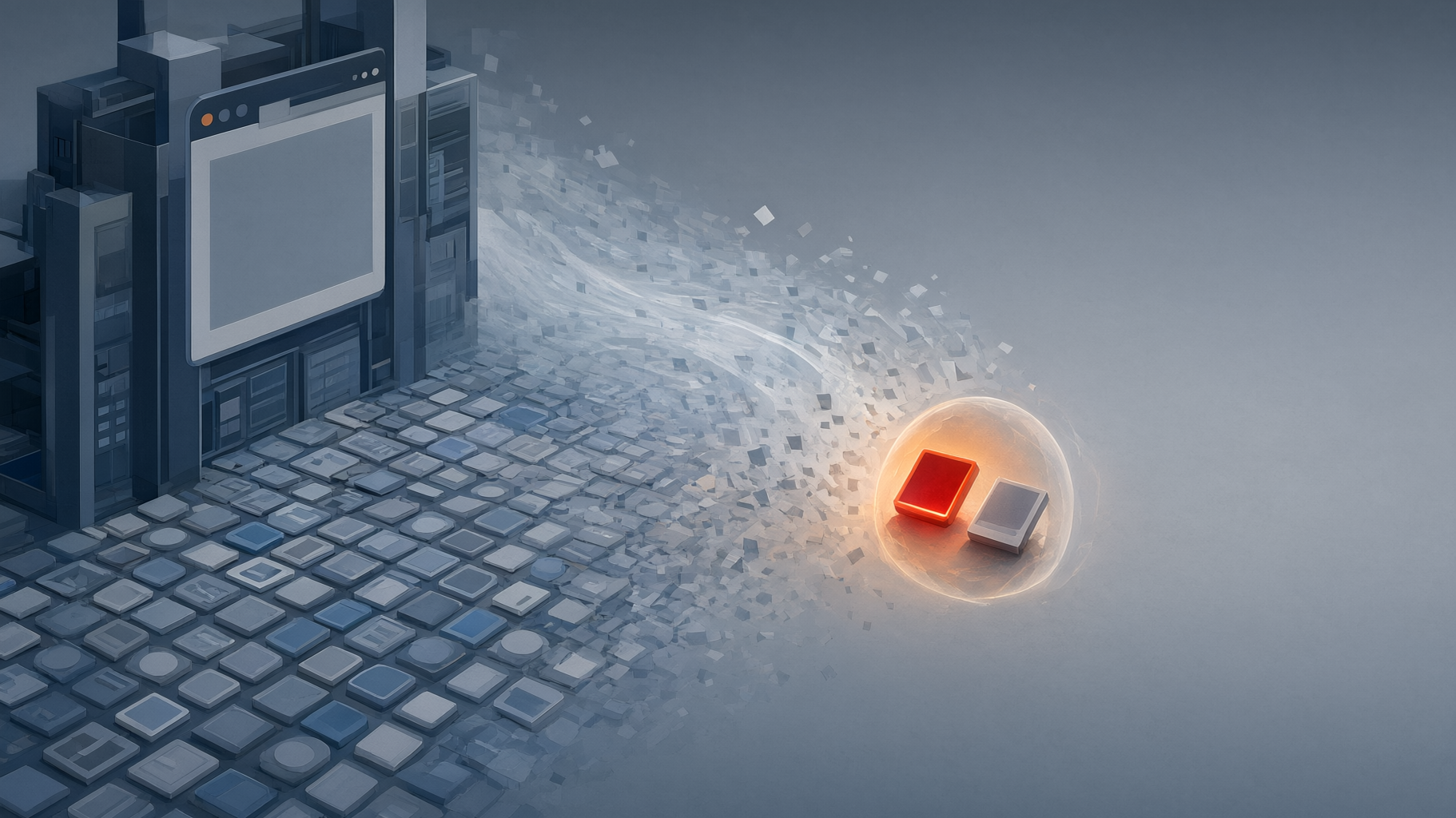 This is an editorial lead image about a conceptual tension (a browser's privacy promise silently excepting its own maker's sites) with no numeric data to plot, so it calls for a…