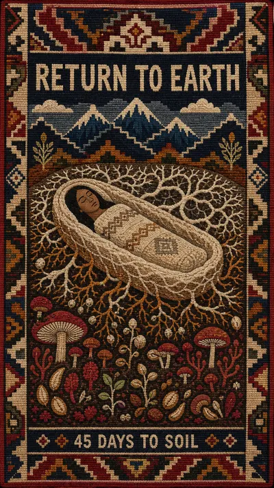 Andean woven tapestry depicting a woman's peaceful burial in…