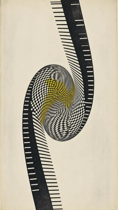 1960s Op-art screen print of a measuring ruler being bent an…