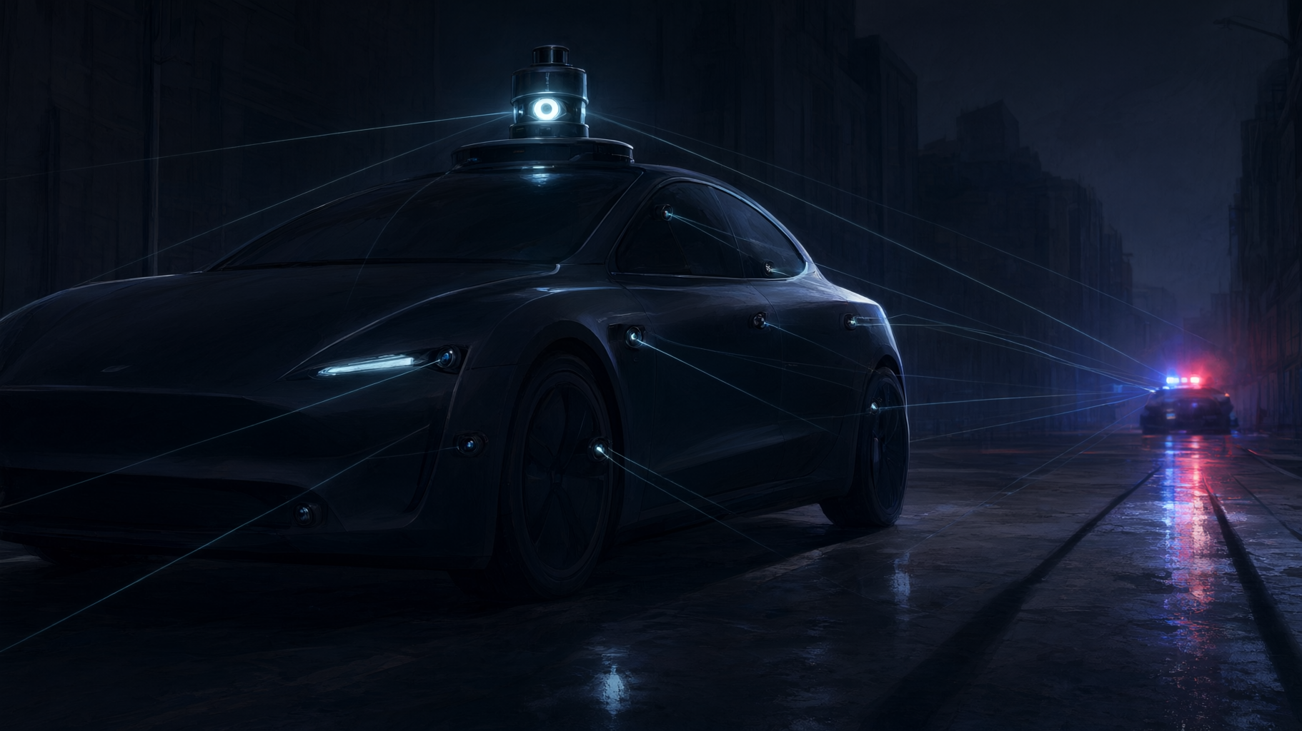 This is a conceptual, editorial lead image for an argumentative piece with no numeric data — the point is a mood/metaphor (autonomous car as informant/surveillance node), so an…