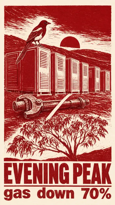 Linocut block print of an Australian evening landscape where…