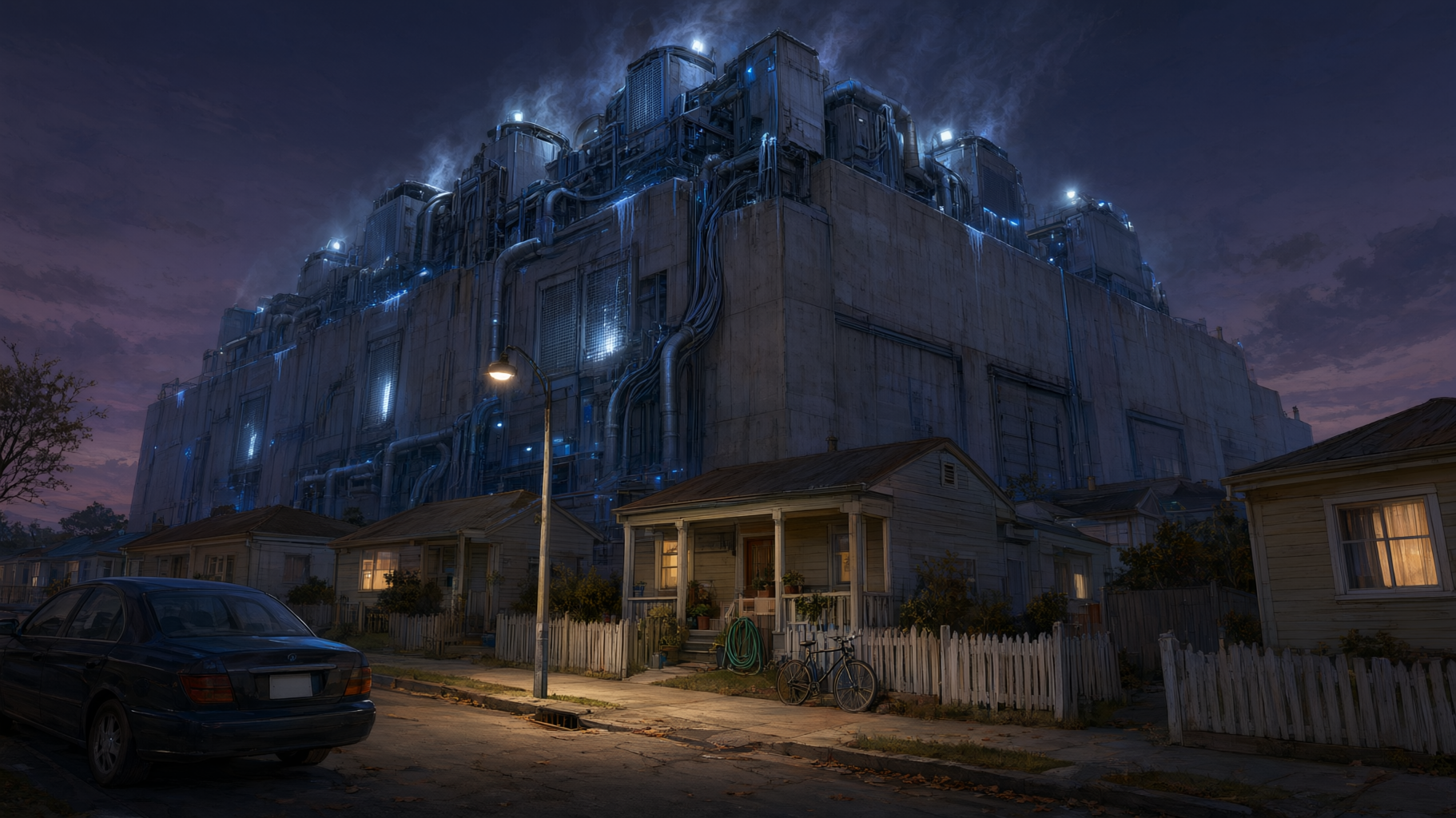 This is a conceptual editorial lead image contrasting glossy AI-investment PR with the lived reality of a residential street next to a datacentre — no numeric axis or data series…