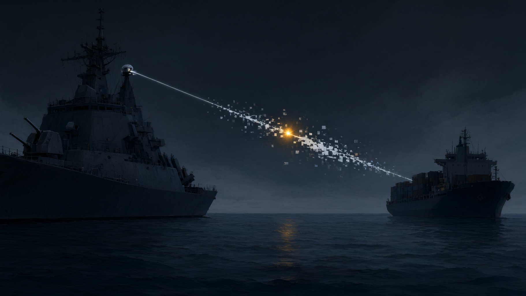 This is a conceptual, editorial lead image about the tension between speed and false confidence in AI-assisted military intelligence — no data is supplied or implied, so an…