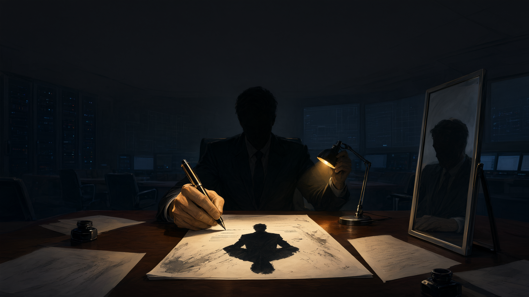 This is a conceptual, tone-setting editorial image about self-reported corporate narratives, not a quantitative comparison — no numbers are given or needed, so an illustrative…