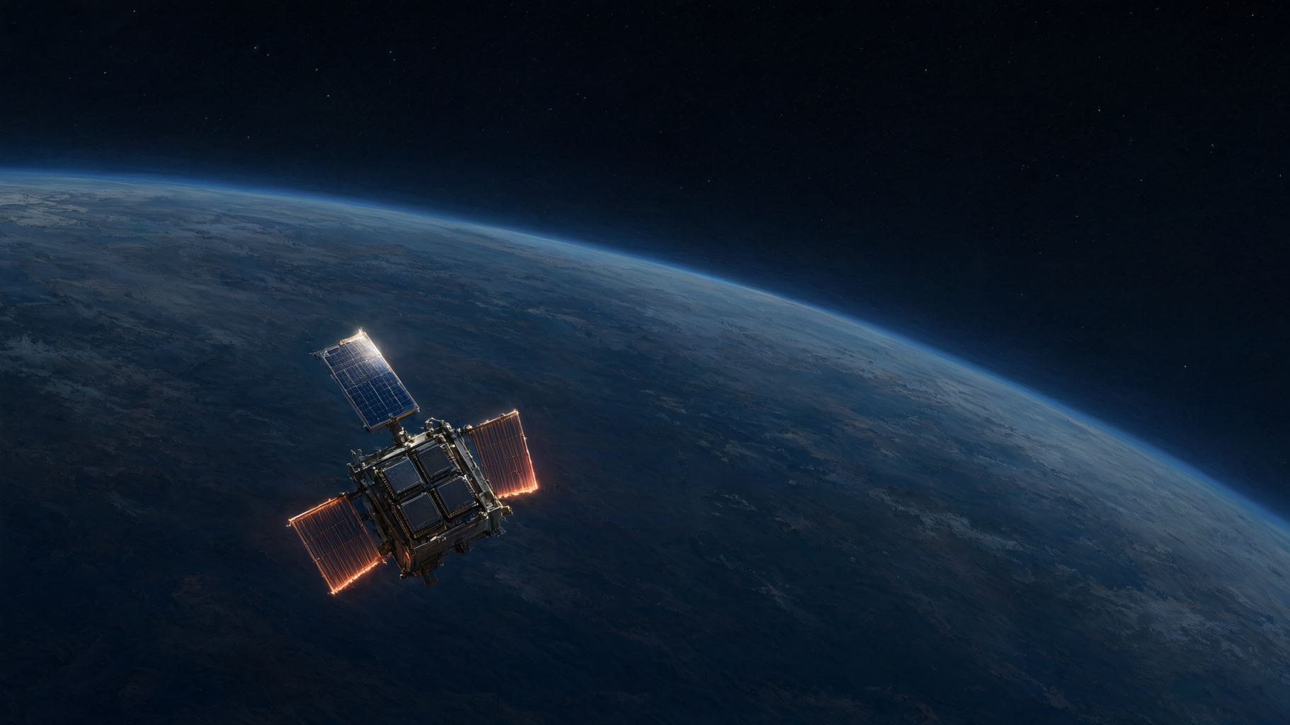 This is an editorial lead image conveying the tension between grand orbital-AI ambition and the humbling reality of a tiny 15-minute thermal-limited test — a…