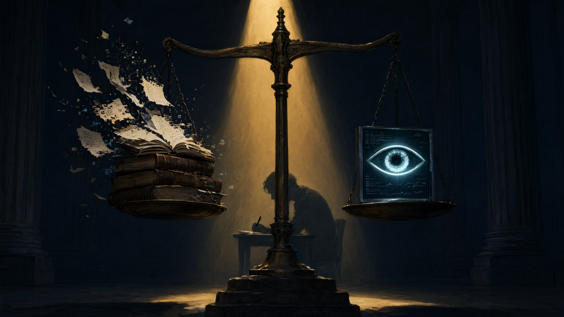 This is a conceptual editorial lead image about a legal and reputational tension, not a quantitative claim — no numbers are given or needed, so an evocative illustration is the…