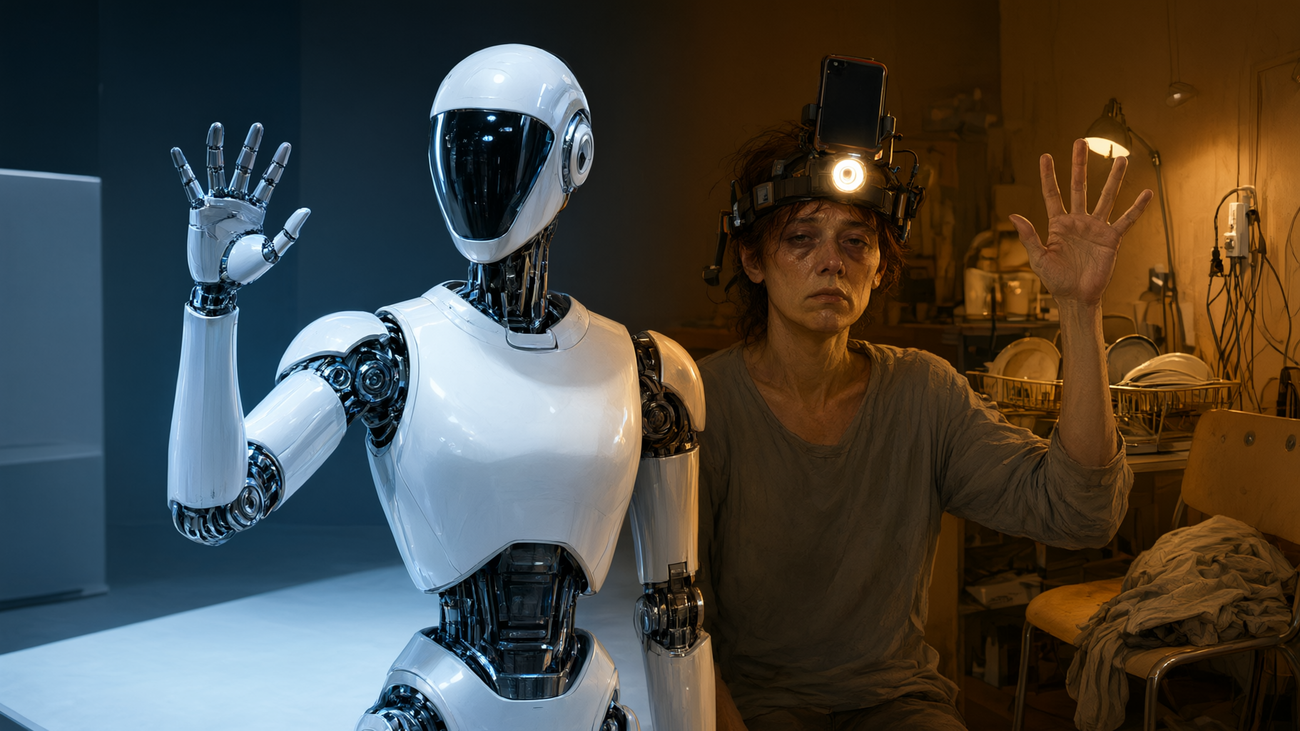 This is a conceptual editorial lead image about the gap between the humanoid robotics illusion and the hidden human labor behind it — no numeric data is supplied or needed, so it…