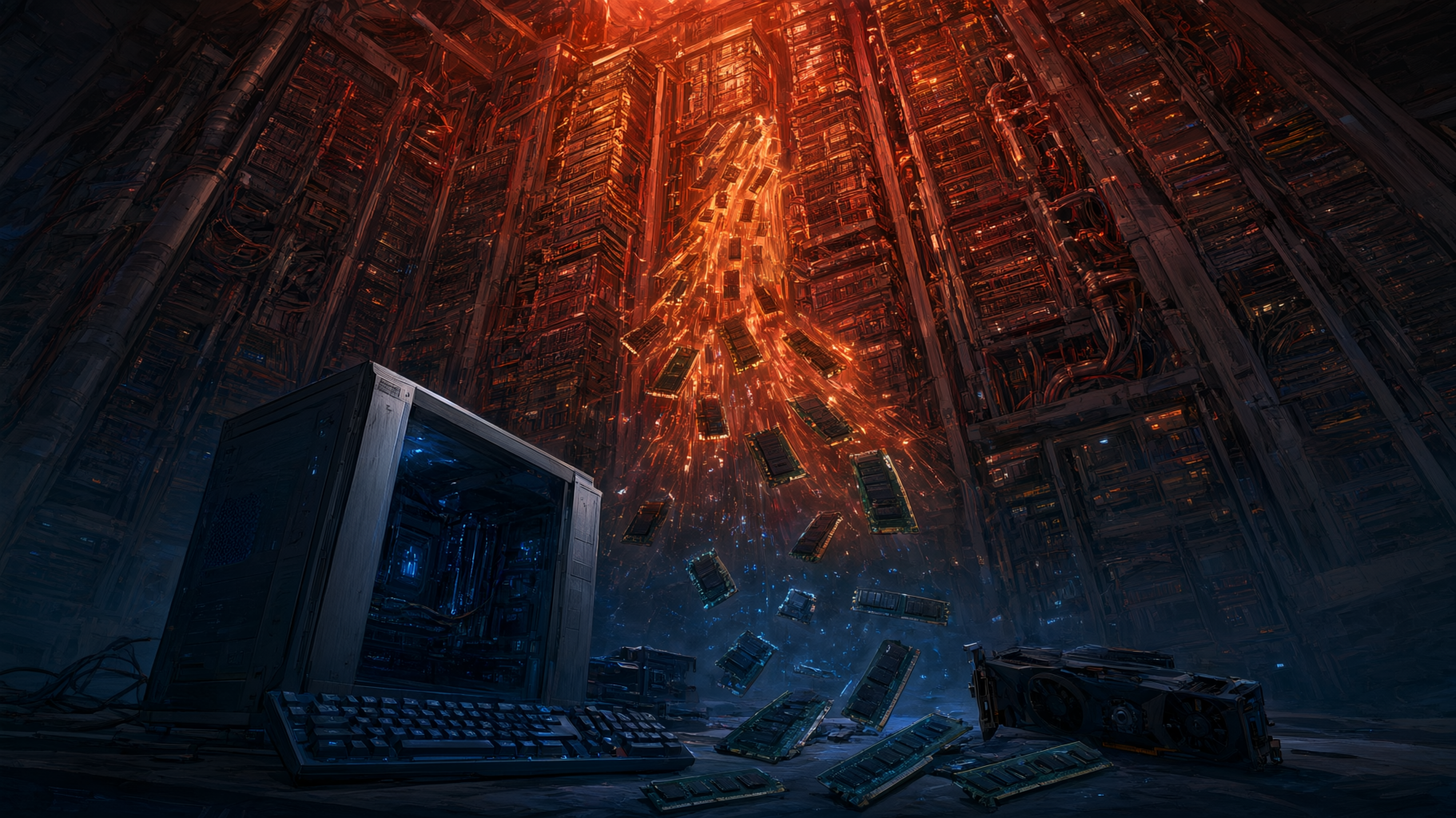 This is a tone-setting editorial lead image for an argument about AI supply crowding out consumer memory — a metaphor piece with no numeric data to plot, so it calls for an…