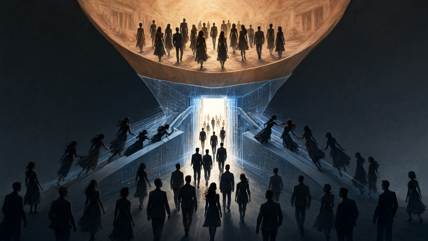 This is a decorative, editorial lead image conveying a conceptual tension (pipeline bias vs. a second AI-driven filtering gate), not a numeric comparison — no data is supplied or…