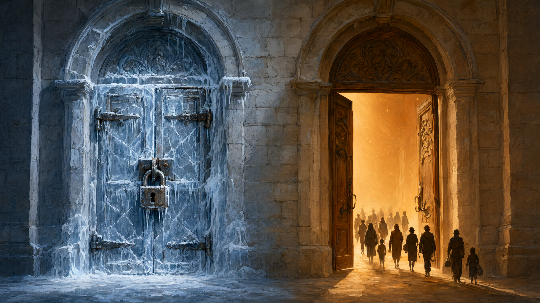 This is a conceptual editorial lead image about a policy tension (exit door frozen, entrance open) with no quantitative data to plot — an illustration is the right tool, not a…