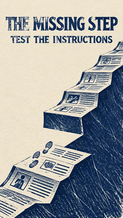 Linocut block print depicting an enormous folded instruction…